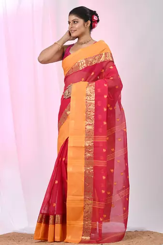 Stylish pink tant saree with yellow and gold border