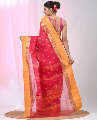 Stylish pink tant saree with yellow and gold border 4