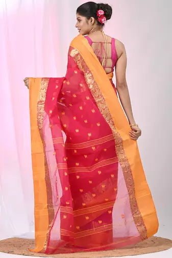 Stylish pink tant saree with yellow and gold border