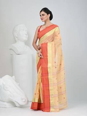 Stylish beige tant saree with red and gold border 3