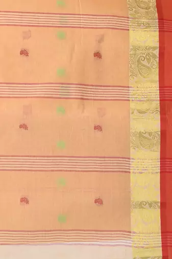 Stylish beige tant saree with red and gold border