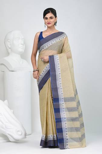 Elegant checked tant saree in beige and blue with intricate borders