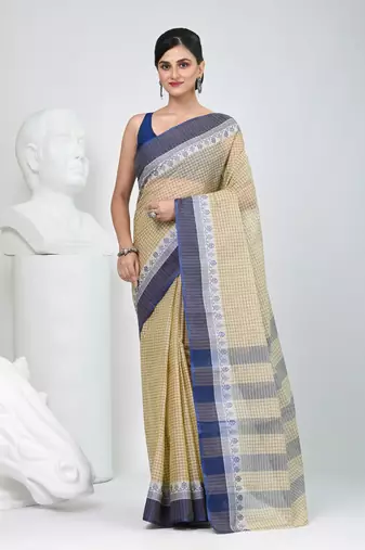 Elegant checked tant saree in beige and blue with intricate borders