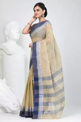 Elegant checked tant saree in beige and blue with intricate borders