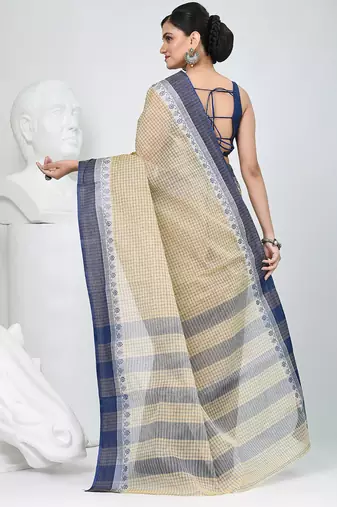 Elegant checked tant saree in beige and blue with intricate borders