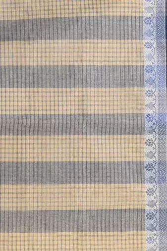 Elegant checked tant saree in beige and blue with intricate borders
