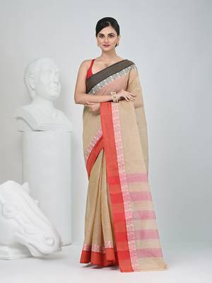 Elegant beige and red checked tant saree with contrast borders 1