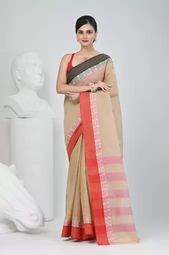 Elegant beige and red checked tant saree with contrast borders