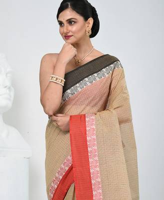 Elegant beige and red checked tant saree with contrast borders 2