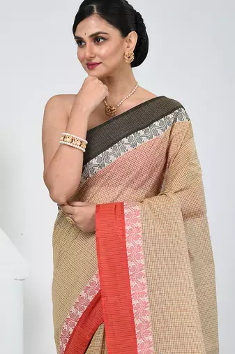 Elegant beige and red checked tant saree with contrast borders