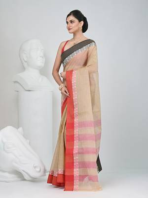 Elegant beige and red checked tant saree with contrast borders 3