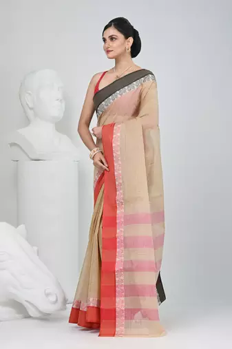 Elegant beige and red checked tant saree with contrast borders