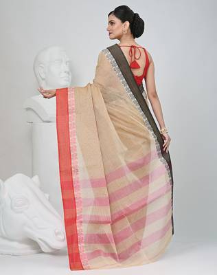 Elegant beige and red checked tant saree with contrast borders 4