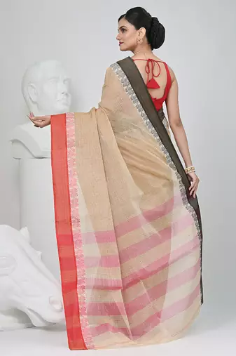 Elegant beige and red checked tant saree with contrast borders