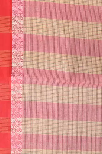 Elegant beige and red checked tant saree with contrast borders