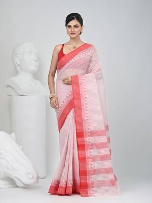 Elegant checked tant saree in white and red with intricate borders 1