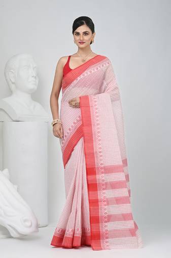 Elegant checked tant saree in white and red with intricate borders