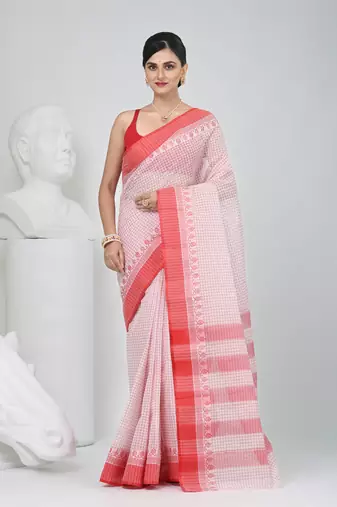 Elegant checked tant saree in white and red with intricate borders