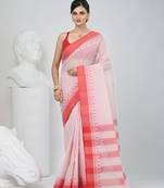 Elegant checked tant saree in white and red with intricate borders