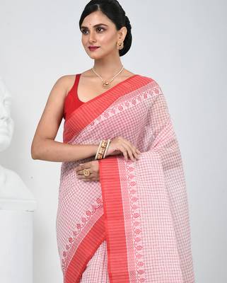 Elegant checked tant saree in white and red with intricate borders 2