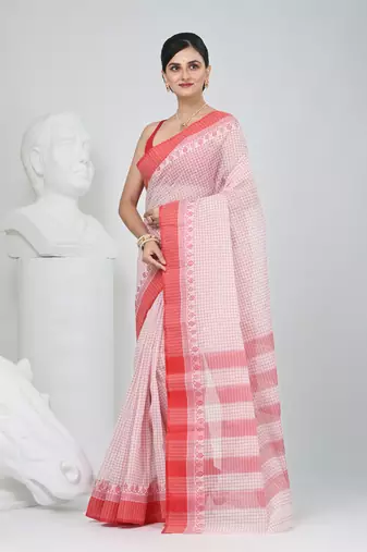 Elegant checked tant saree in white and red with intricate borders