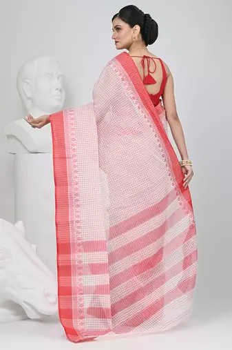 Elegant checked tant saree in white and red with intricate borders