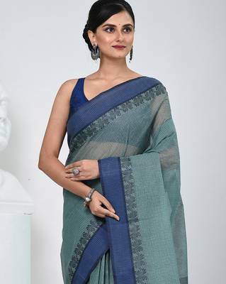 Elegant teal and navy blue striped tant saree with floral border 2