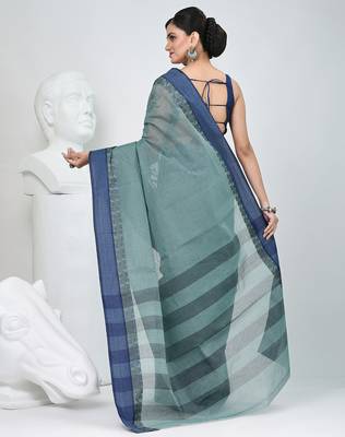 Elegant teal and navy blue striped tant saree with floral border 4