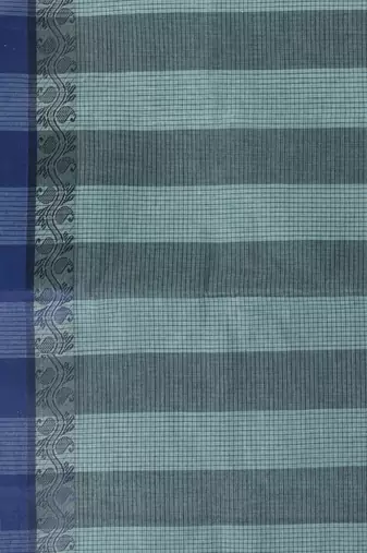 Elegant teal and navy blue striped tant saree with floral border