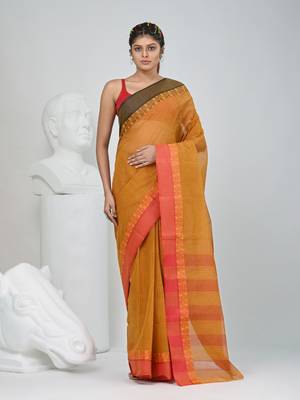 Elegant mustard and red checked tant saree with contrast borders 1