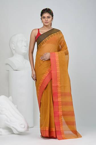 Elegant mustard and red checked tant saree with contrast borders