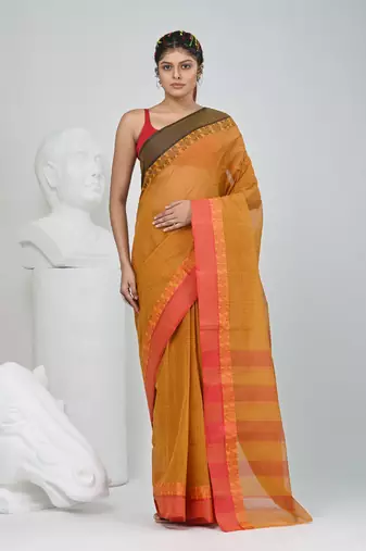 Elegant mustard and red checked tant saree with contrast borders
