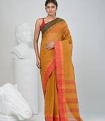 Elegant mustard and red checked tant saree with contrast borders