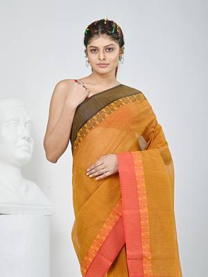 Elegant mustard and red checked tant saree with contrast borders 2
