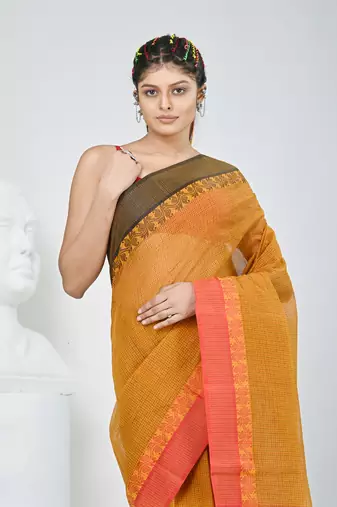 Elegant mustard and red checked tant saree with contrast borders