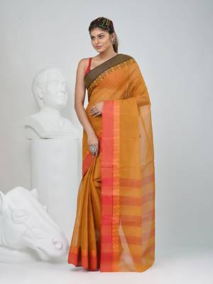 Elegant mustard and red checked tant saree with contrast borders 3