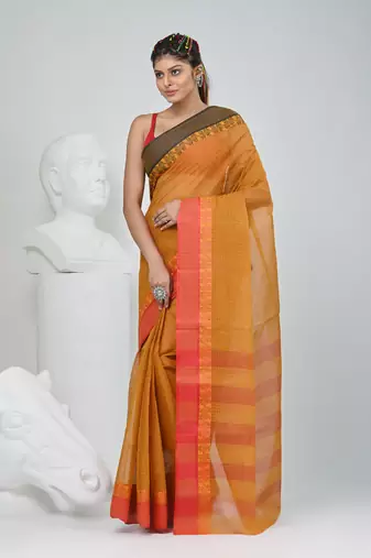 Elegant mustard and red checked tant saree with contrast borders