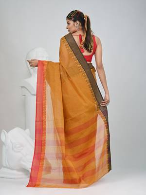 Elegant mustard and red checked tant saree with contrast borders 4
