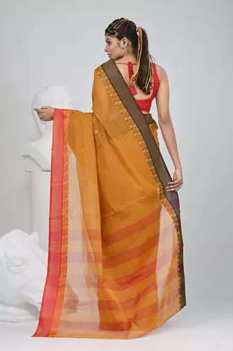 Elegant mustard and red checked tant saree with contrast borders