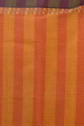 Elegant mustard and red checked tant saree with contrast borders