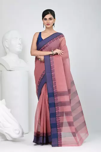Elegant blush pink and navy blue striped tant saree with floral border
