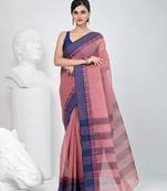 Elegant blush pink and navy blue striped tant saree with floral border