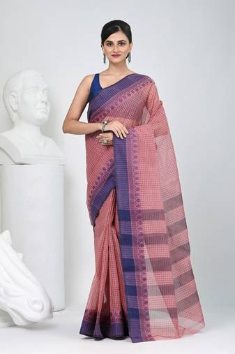 Elegant checked tant saree in blush pink and blue with intricate borders