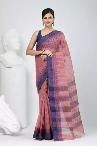 Elegant checked tant saree in blush pink and blue with intricate borders