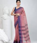 Elegant checked tant saree in blush pink and blue with intricate borders