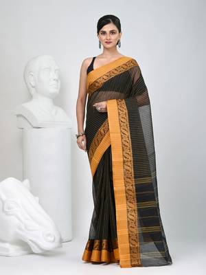 Classic black and mustard striped tant saree with intricate borders 1