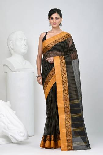 Classic black and mustard striped tant saree with intricate borders