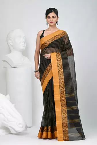 Classic black and mustard striped tant saree with intricate borders
