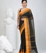 Classic black and mustard striped tant saree with intricate borders