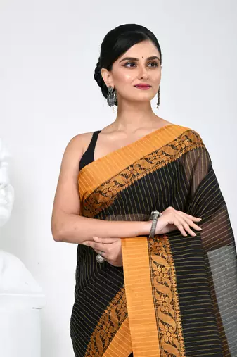 Classic black and mustard striped tant saree with intricate borders